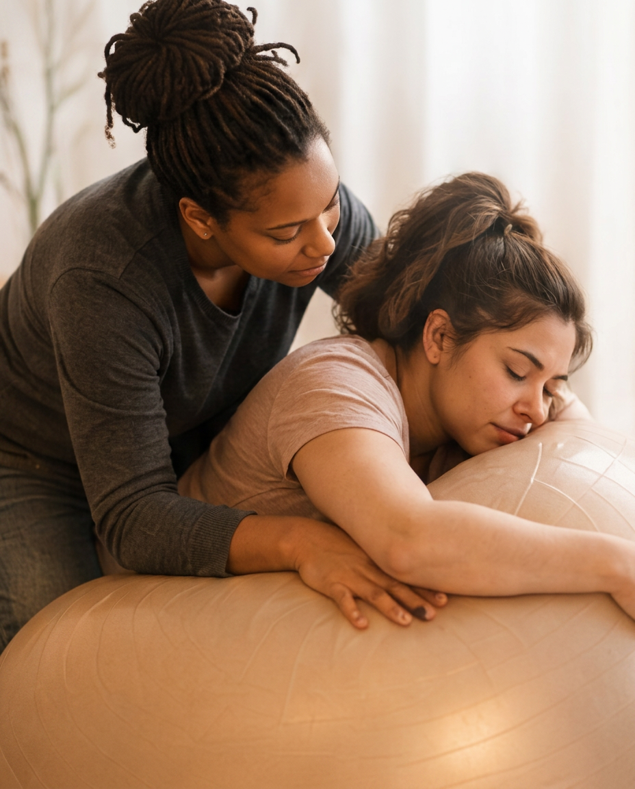 A doula providing counter-pressure support to a laboring mother leaning on a birth ball