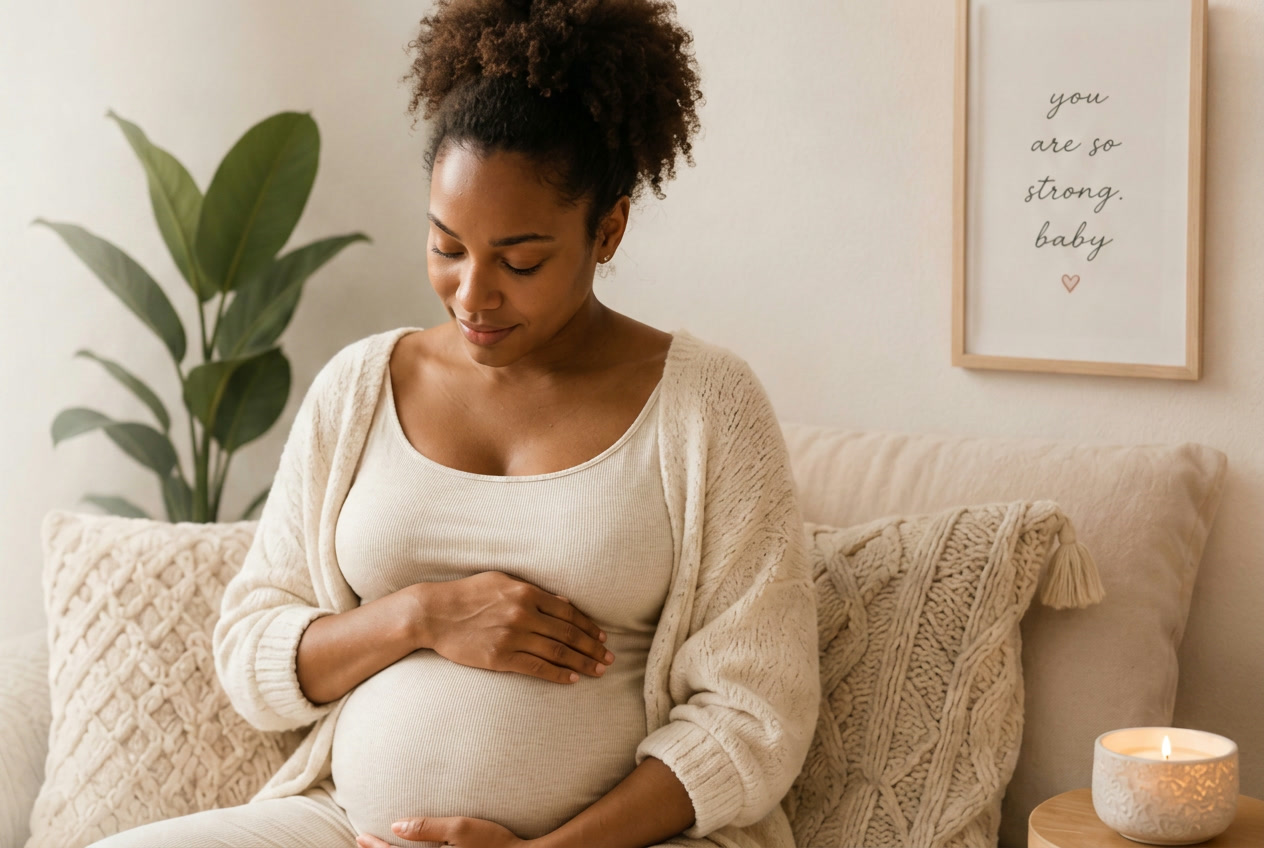 A Black pregnant woman resting peacefully on a sofa, cradling her belly